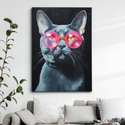 Fun Cat Wearing Pink Glasses Pet Painting Framed Poster Print & Canvas Wall Decor Art Bedroom Home Interior Funny Lover Gift - thumbnail 1