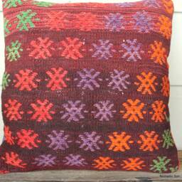 40cm Vintage Kilim Cushion Cover Handwoven - Boho Brocade Sunburts On Burgundy - thumbnail 2
