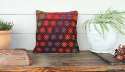 40cm Vintage Kilim Cushion Cover Handwoven - Boho Brocade Sunburts On Burgundy