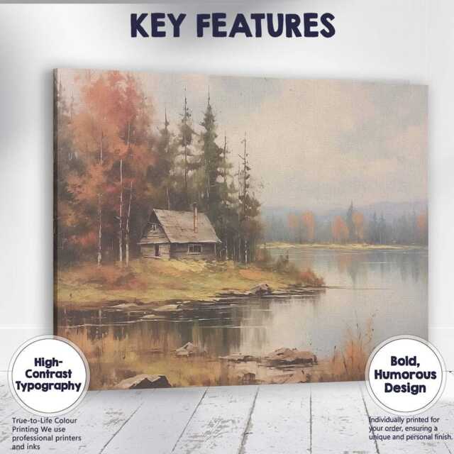 Misty Autumn Lakeside Cabin Forest Landscape Painting Canvas Wall Art Print Decor Picture Ready To Hang - image 1
