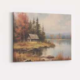 Misty Autumn Lakeside Cabin Forest Landscape Painting Canvas Wall Art Print Decor Picture Ready To Hang - thumbnail 4