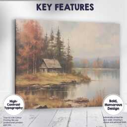 Misty Autumn Lakeside Cabin Forest Landscape Painting Canvas Wall Art Print Decor Picture Ready To Hang - thumbnail 1