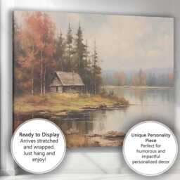 Misty Autumn Lakeside Cabin Forest Landscape Painting Canvas Wall Art Print Decor Picture Ready To Hang - thumbnail 3