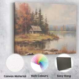 Misty Autumn Lakeside Cabin Forest Landscape Painting Canvas Wall Art Print Decor Picture Ready To Hang - thumbnail 2