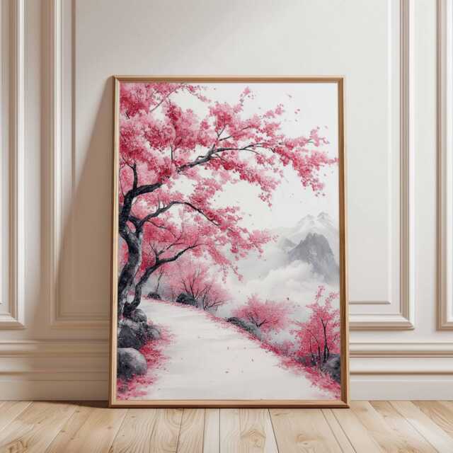Cherry Blossom Path Wall Art, Japanese Sakura Landscape Poster, Pink Tree Nature Print For Elegant Home Decor - image 1
