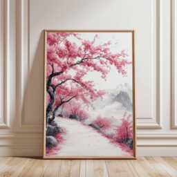 Cherry Blossom Path Wall Art, Japanese Sakura Landscape Poster, Pink Tree Nature Print For Elegant Home Decor - thumbnail 1