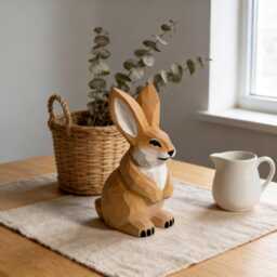Hand Carved Wooden Bunny Figurine, Geometric Woodland Animal Statue, Minimalist Decor - thumbnail 1