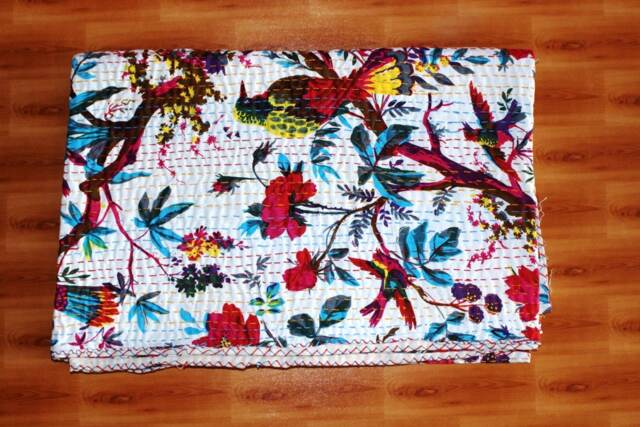 Bird Print Kantha Quilt, White Cotton Twin Bedspread - 60x90 Inch - image 1