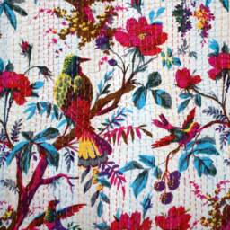Bird Print Kantha Quilt, White Cotton Twin Bedspread - 60x90 Inch - thumbnail 3
