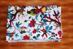 Bird Print Kantha Quilt, White Cotton Twin Bedspread - 60x90 Inch - thumbnail 1