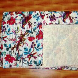 Bird Print Kantha Quilt, White Cotton Twin Bedspread - 60x90 Inch - thumbnail 2