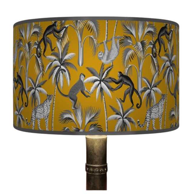 Tropical Monkey Lampshade - Mustard Grey Jungle Drum Pendant Light Handmade Ceiling Shade For Exotic Or Kids Room Decor - image 1