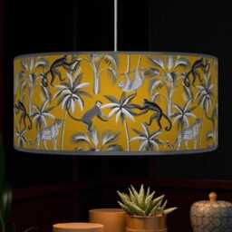 Tropical Monkey Lampshade - Mustard Grey Jungle Drum Pendant Light Handmade Ceiling Shade For Exotic Or Kids Room Decor - thumbnail 3
