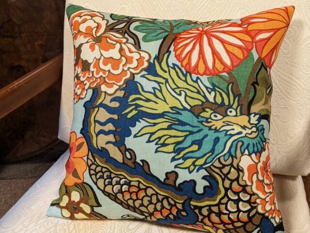 Chiang Mai Aquamarine Schumacher Dragon Pillow Linen Cover All Sizes - image 1