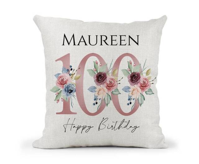 Personalised 100Th Special Birthday Cushion Pink & Blue Floral Mum, Nan, Friend, Sister Gift - image 1
