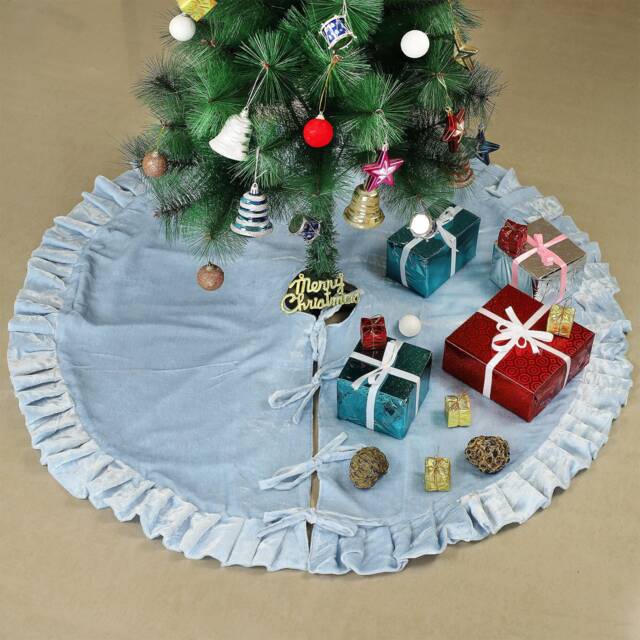 Pastel Blue Velvet Christmas Tree Skirt, Luxury Plush Fur Skirt With Ruffle, Xmas Decoration Holiday Party Decor, Decor - image 1