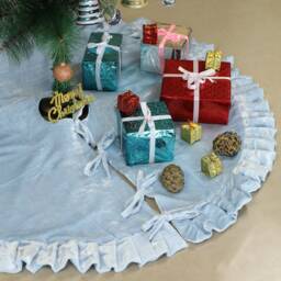 Pastel Blue Velvet Christmas Tree Skirt, Luxury Plush Fur Skirt With Ruffle, Xmas Decoration Holiday Party Decor, Decor - thumbnail 2