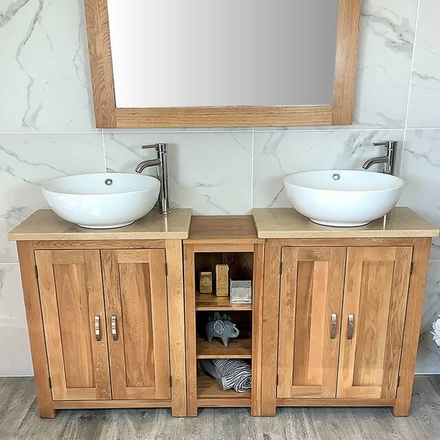 Bathroom Vanity Unit - Sink Washstand Slimline Oak With Travertine Worktop & Sit On Basins Taps Plugs Included - image 1