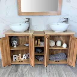 Bathroom Vanity Unit - Sink Washstand Slimline Oak With Travertine Worktop & Sit On Basins Taps Plugs Included - thumbnail 2