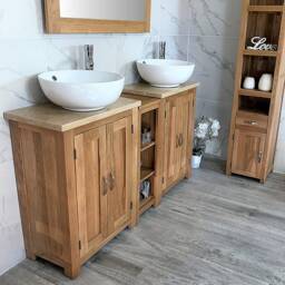 Bathroom Vanity Unit - Sink Washstand Slimline Oak With Travertine Worktop & Sit On Basins Taps Plugs Included - thumbnail 3