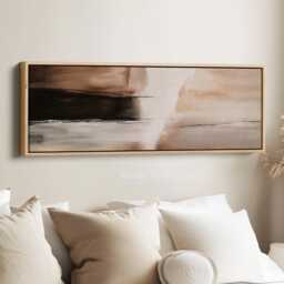 Soft Neutral Abstract Horizontal Wall Art Above Bed Framed Canvas Print in Beige Cream & Black For Living Room Bedroom Or Hallway - thumbnail 1