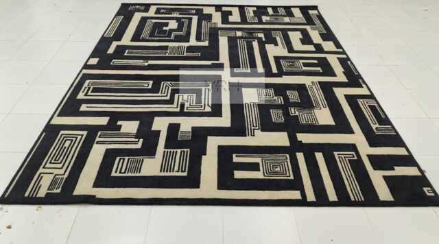 Hand Knotted Wool Oushak Rug, Ivory Black Contemporary Design, 8x10 Area Rug - image 1