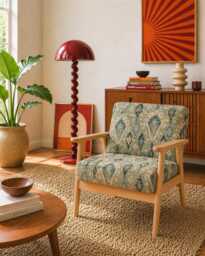 Upholstered Midcentury Modern Armchair - Sage Green Boho Fabric - thumbnail 1