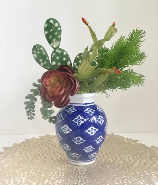 Decorative Planter With Cactus & Green Grass Succulents in A Blue White Vase - image 1