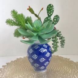 Decorative Planter With Cactus & Green Grass Succulents in A Blue White Vase - thumbnail 3