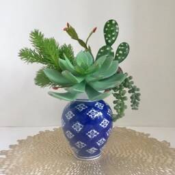 Decorative Planter With Cactus & Green Grass Succulents in A Blue White Vase - thumbnail 2