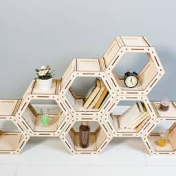 Bookcase Bookshelf Reclaimed Wood Display Case Housewarming Gift Shelving Unit Plant Stand Hexagon Shelves - thumbnail 2