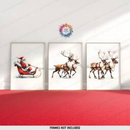 Christmas Prints Set - 3 Reindeer Posters - Santa Claus Sleigh Decor Xmas Wall Art Winter Artwork Merry Print Watercolour - thumbnail 2