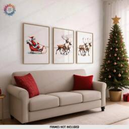 Christmas Prints Set - 3 Reindeer Posters - Santa Claus Sleigh Decor Xmas Wall Art Winter Artwork Merry Print Watercolour - thumbnail 1