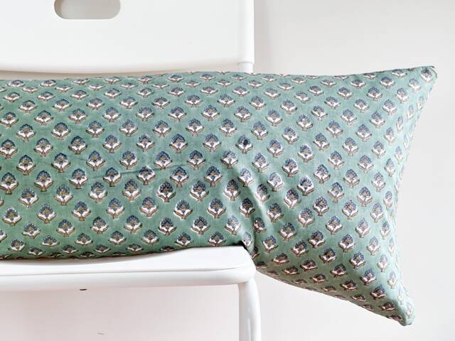 Lumbar Pillow Cover Indian Block Print Floral, Natural Dyed - image 1
