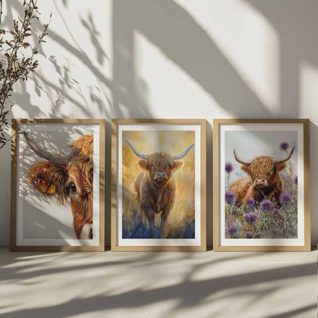 Highland Cow Watercolor Print Set Scottish Coo Wall Art, Butterfly & Thistle - image 1