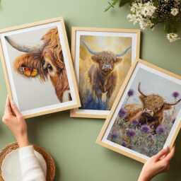 Highland Cow Watercolor Print Set Scottish Coo Wall Art, Butterfly & Thistle - thumbnail 2