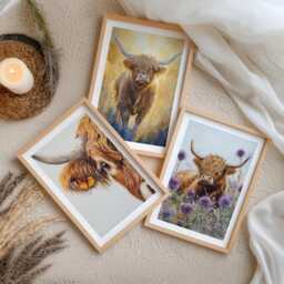 Highland Cow Watercolor Print Set Scottish Coo Wall Art, Butterfly & Thistle - thumbnail 3