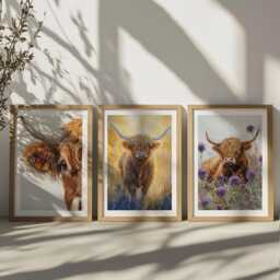 Highland Cow Watercolor Print Set Scottish Coo Wall Art, Butterfly & Thistle - thumbnail 1