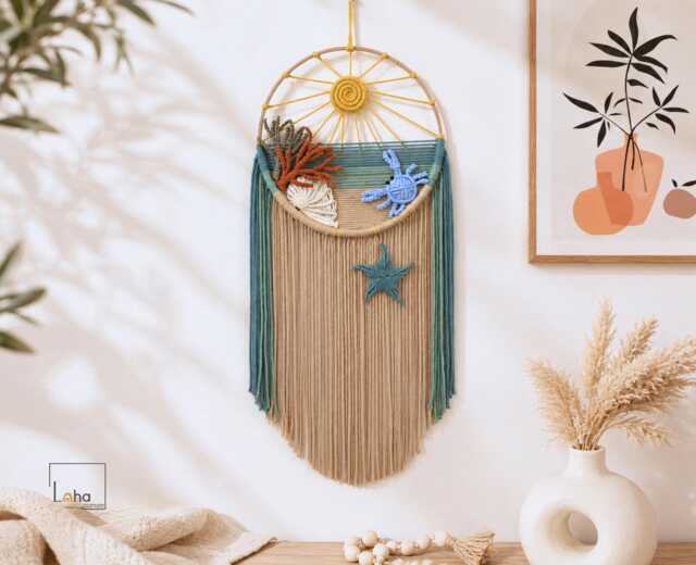 Coastal Wall Hanging, Beach House Decor, Ocean Inspired Macrame Art, Starfish Crab Shell Living Room Decor - image 1