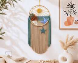 Coastal Wall Hanging, Beach House Decor, Ocean Inspired Macrame Art, Starfish Crab Shell Living Room Decor
