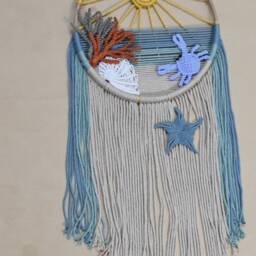 Coastal Wall Hanging, Beach House Decor, Ocean Inspired Macrame Art, Starfish Crab Shell Living Room Decor - thumbnail 3