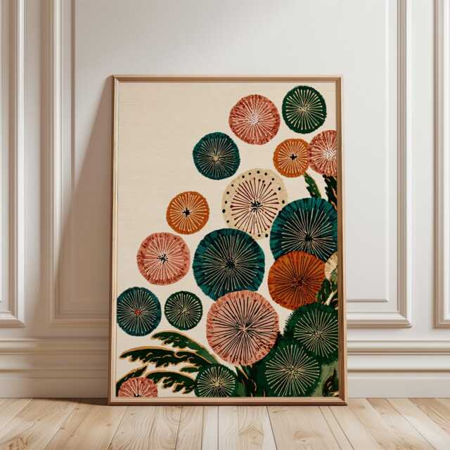 Abstract Floral Poster - Green Orange Botanical Circles Modern Folk Nature Wall Art - image 1