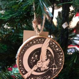Night Owl Christmas Ornament - Original Drawing On Birch Wood - thumbnail 2