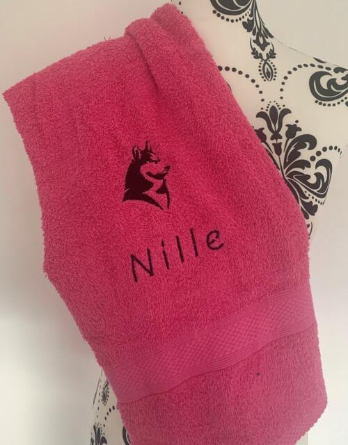 Dog Towel - Personalised Face Cloth/Hand Bath Embroidered Dog & Text Husky - image 1