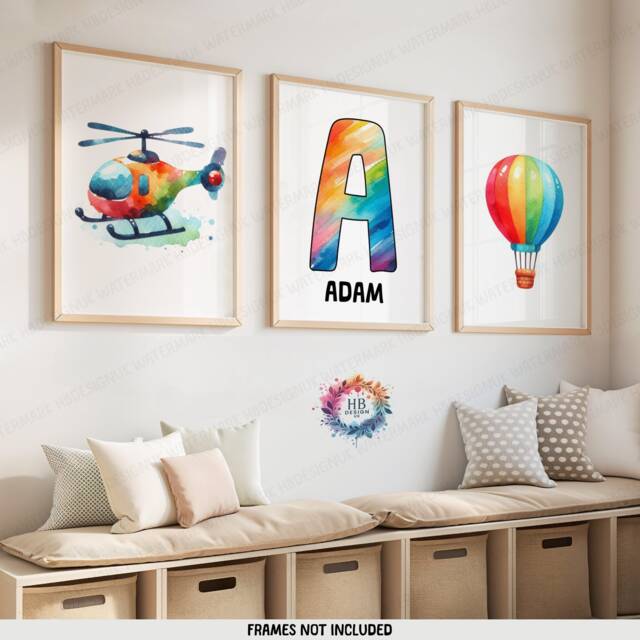 Personalised Kids Helicopter Wall Art - Set Of 3 Prints - Colourful Boys Posters Room Nursery Custom Name Decor Aviation Gifts - image 1