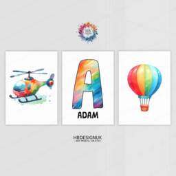Personalised Kids Helicopter Wall Art - Set Of 3 Prints - Colourful Boys Posters Room Nursery Custom Name Decor Aviation Gifts - thumbnail 2