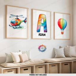 Personalised Kids Helicopter Wall Art - Set Of 3 Prints - Colourful Boys Posters Room Nursery Custom Name Decor Aviation Gifts - thumbnail 1