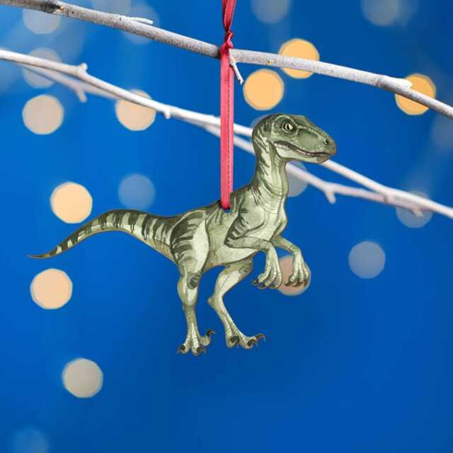 Wooden Velociraptor Dinosaur Christmas Tree Decoration, Birch Plywood Lover Gift, Keepsake, Watercolour Art - image 1