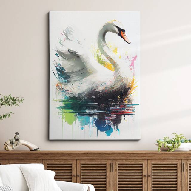 Beautiful Swan Animal Abstract Queen Oil Painting Splatter Style Wall Art Framed Canvas Poster Print, Home/Office Room Decor Gifts - image 1