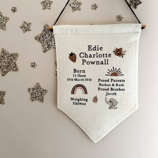Personalised Nursery Wall Hanging, Birth Announcement, Flag, Pendent, Print, New Baby Gift, Stats, Decor - image 1